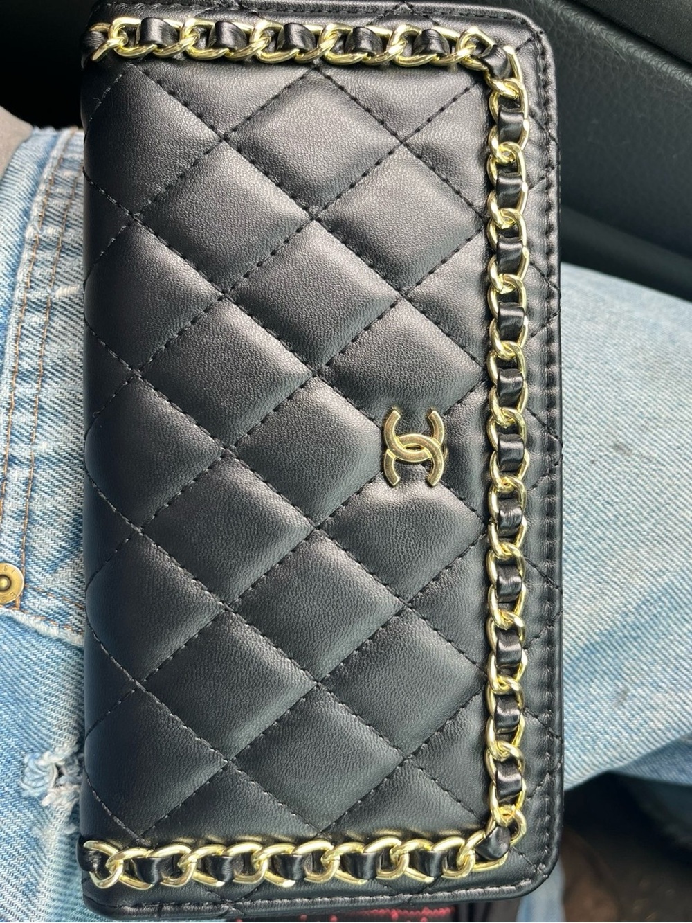 CHANEL Black Quilted Leather Wallet with Gold Chain Trim